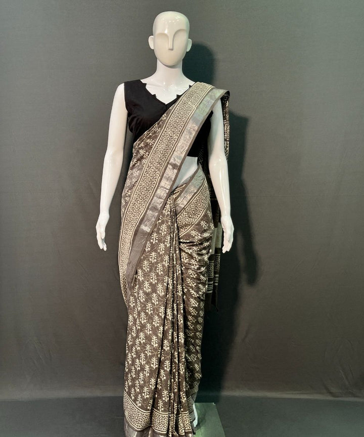 Brown hand block printed linen cotton saree