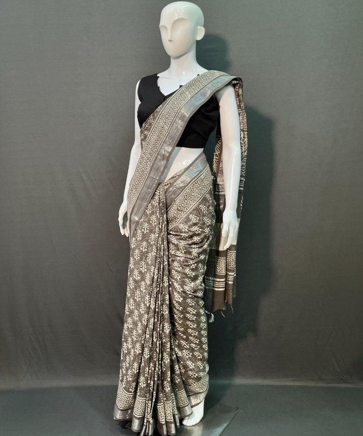 Brown hand block printed linen cotton saree