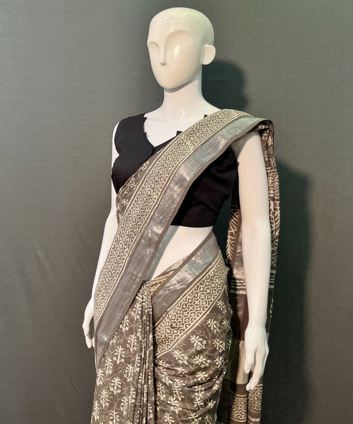 Brown hand block printed linen cotton saree