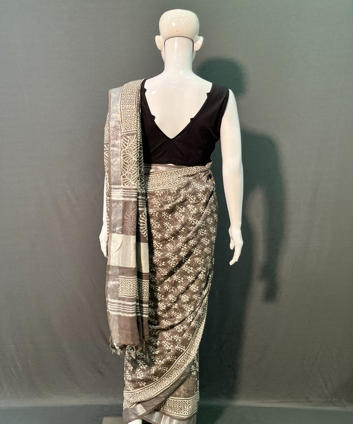Brown hand block printed linen cotton saree