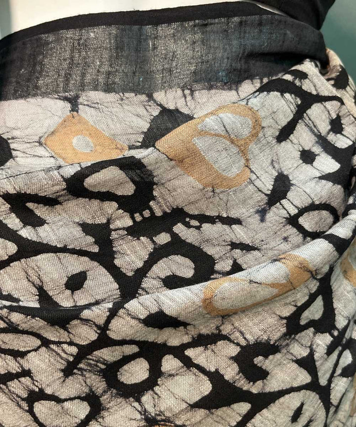 Black hand block printed linen cotton saree