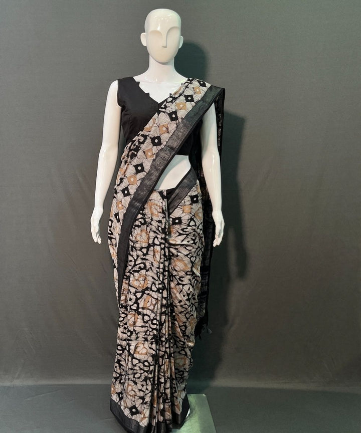 Black hand block printed linen cotton saree