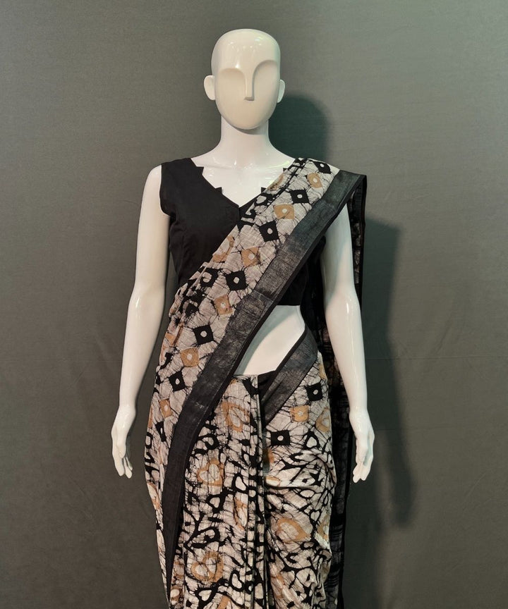 Black hand block printed linen cotton saree