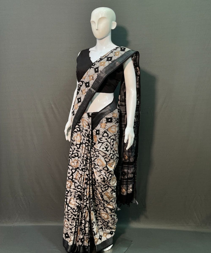 Black hand block printed linen cotton saree