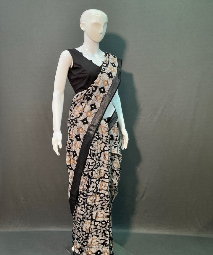 Black hand block printed linen cotton saree