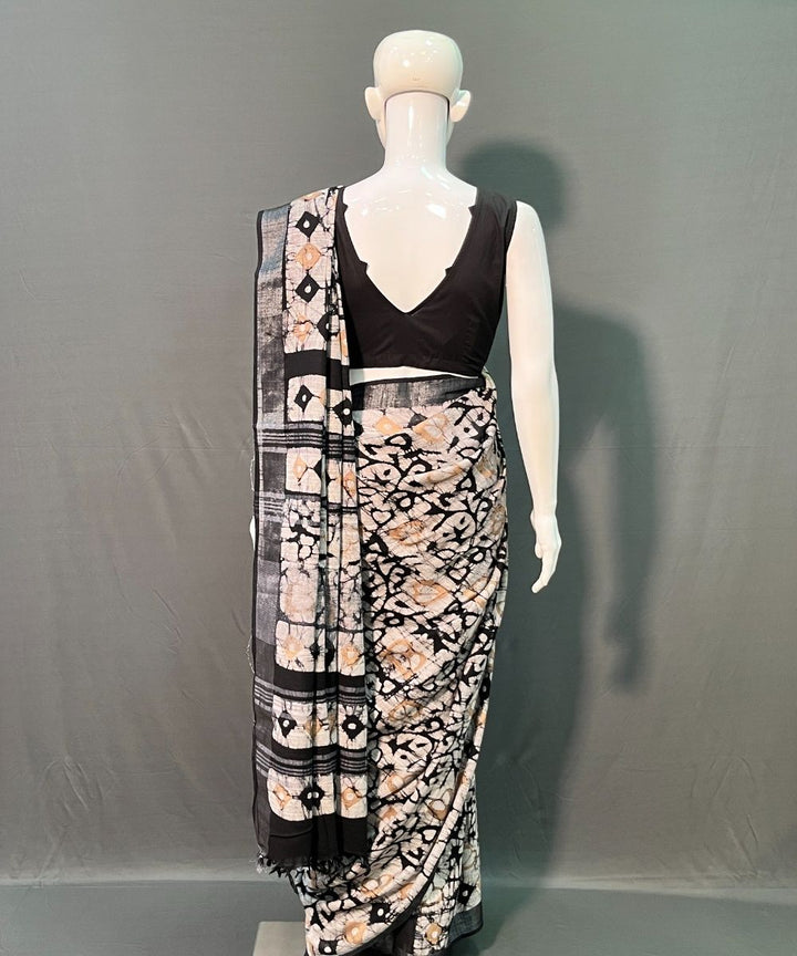 Black hand block printed linen cotton saree