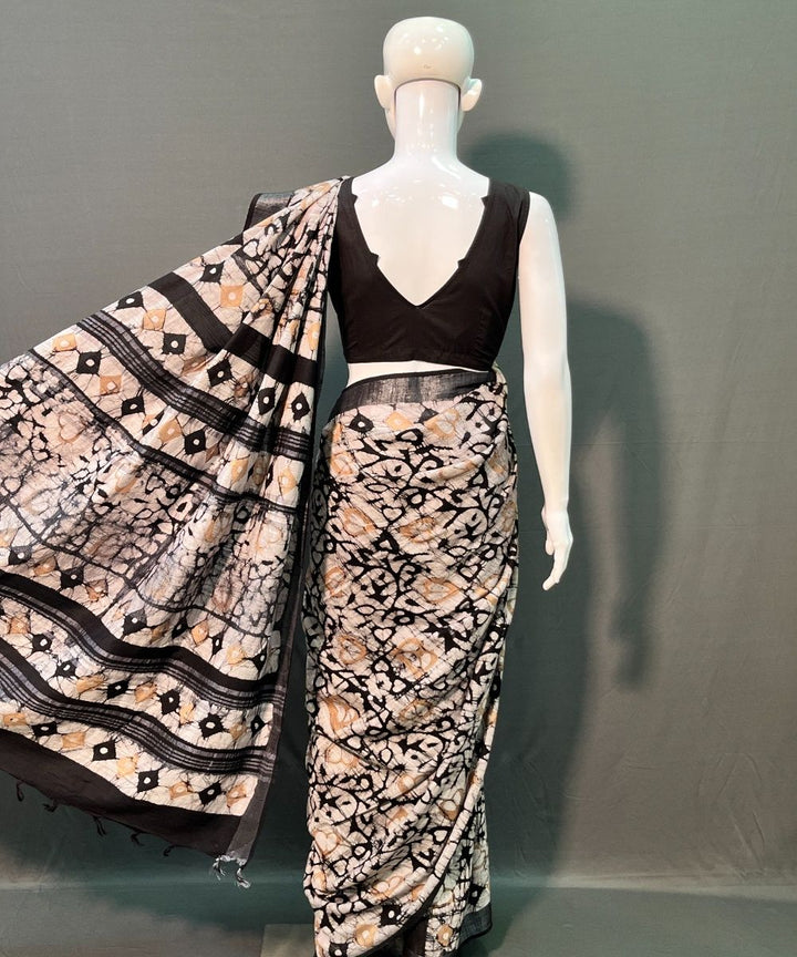 Black hand block printed linen cotton saree