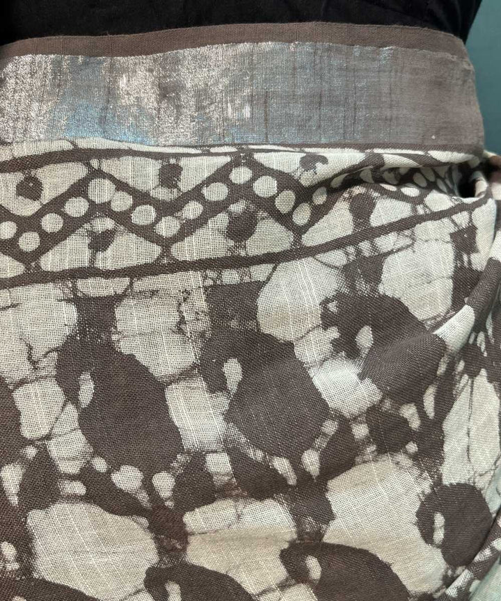 Brown hand block printed cotton linen saree
