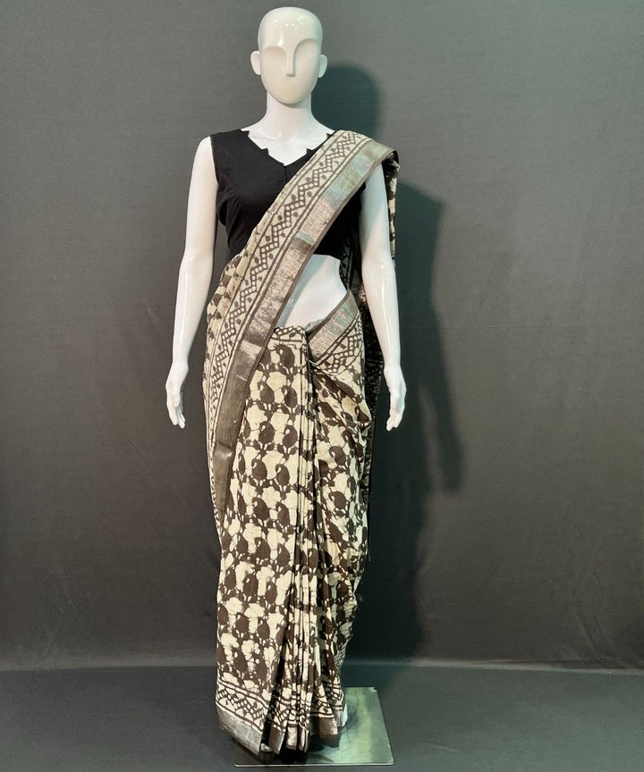 Brown hand block printed cotton linen saree