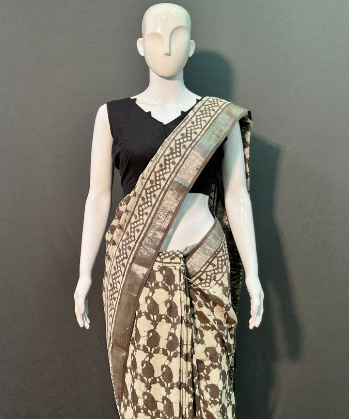Brown hand block printed cotton linen saree