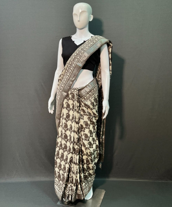 Brown hand block printed cotton linen saree