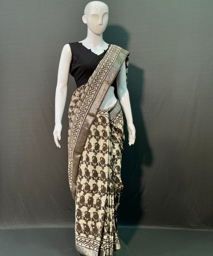 Brown hand block printed cotton linen saree