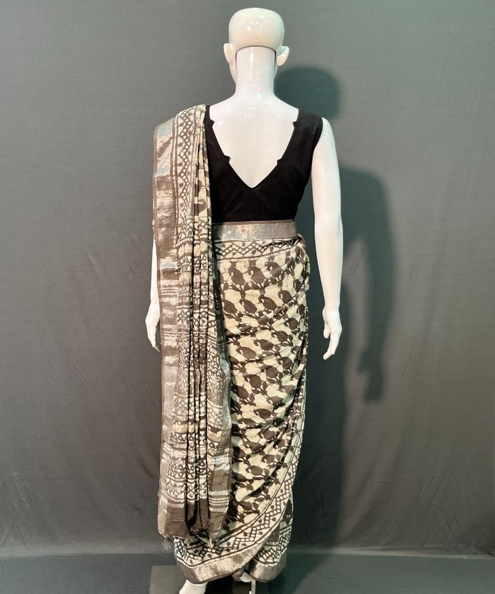 Brown hand block printed cotton linen saree