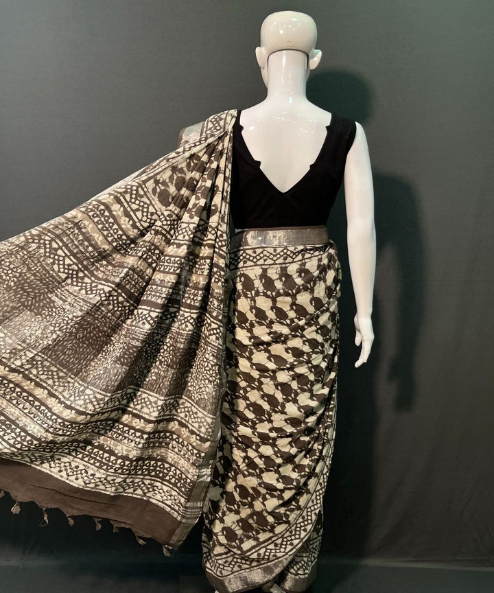 Brown hand block printed cotton linen saree