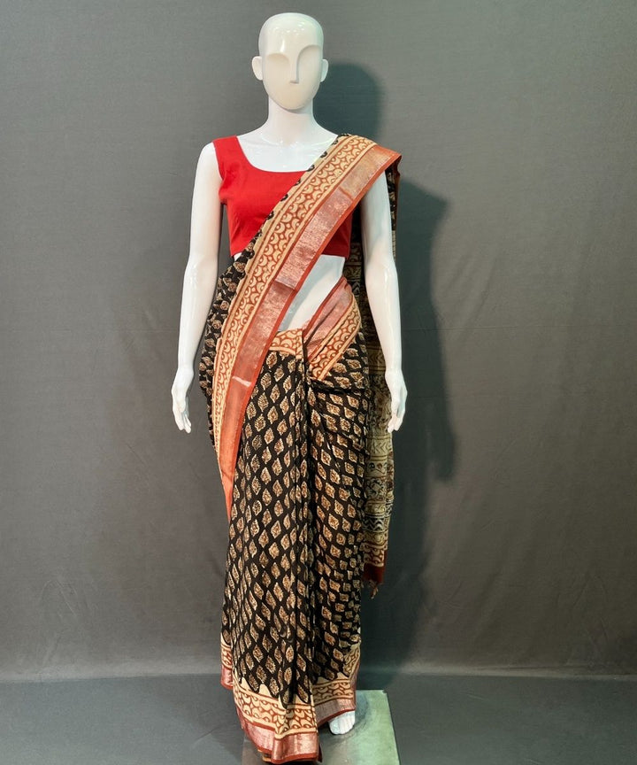 Black red hand block printed cotton linen saree