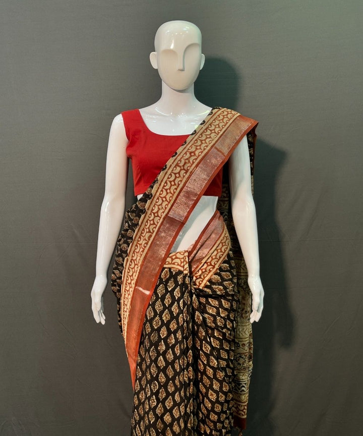 Black red hand block printed cotton linen saree