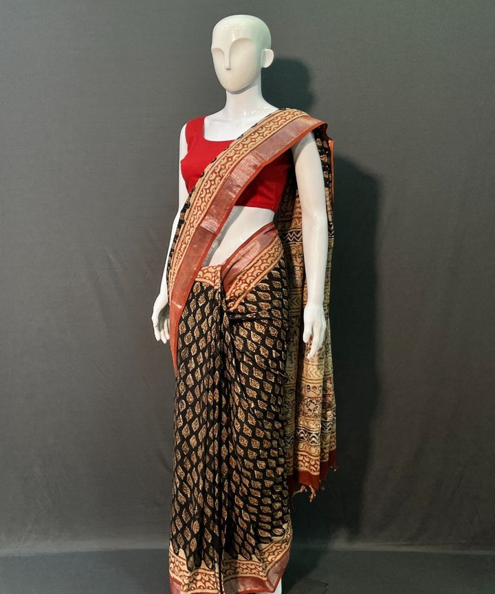 Black red hand block printed cotton linen saree