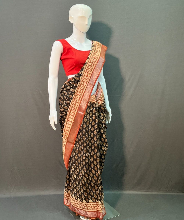 Black red hand block printed cotton linen saree