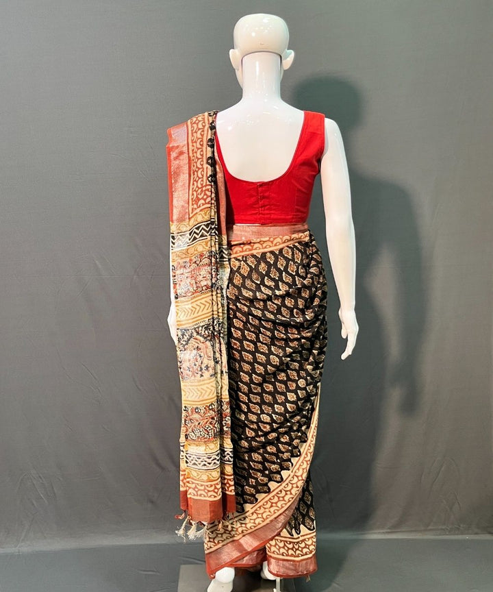 Black red hand block printed cotton linen saree