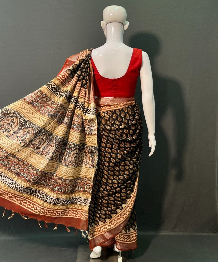 Black red hand block printed cotton linen saree