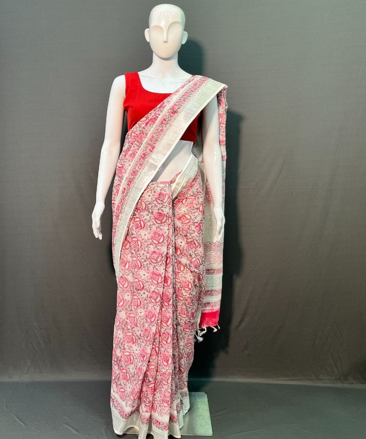 Pink white hand block printed cotton linen saree