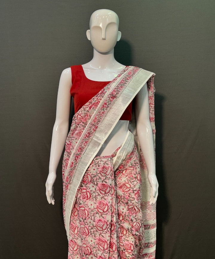Pink white hand block printed cotton linen saree