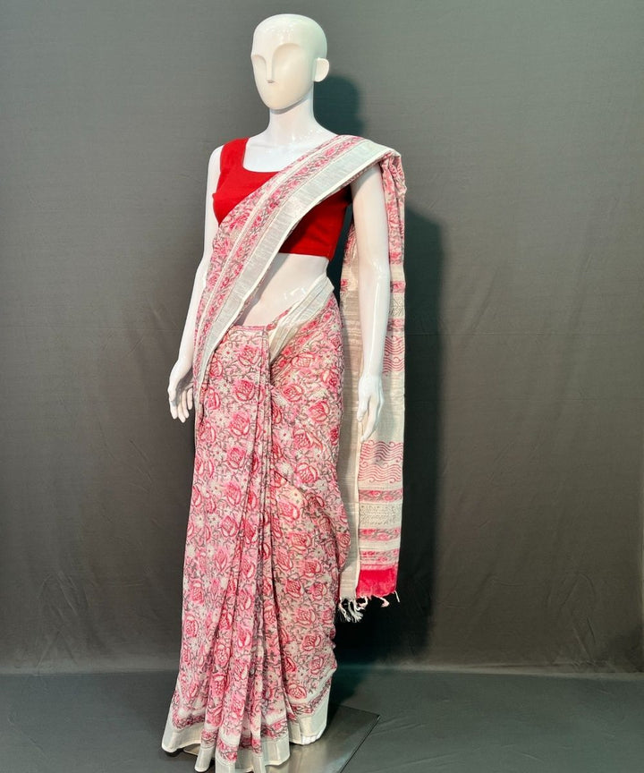 Pink white hand block printed cotton linen saree