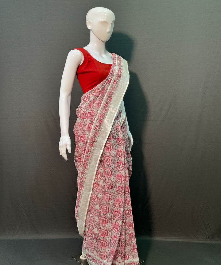 Pink white hand block printed cotton linen saree