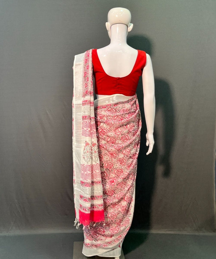 Pink white hand block printed cotton linen saree
