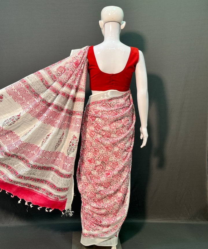 Pink white hand block printed cotton linen saree