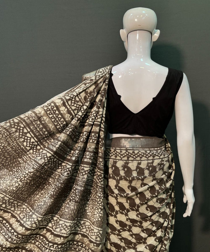 Offwhite maroon hand block printed cotton linen saree
