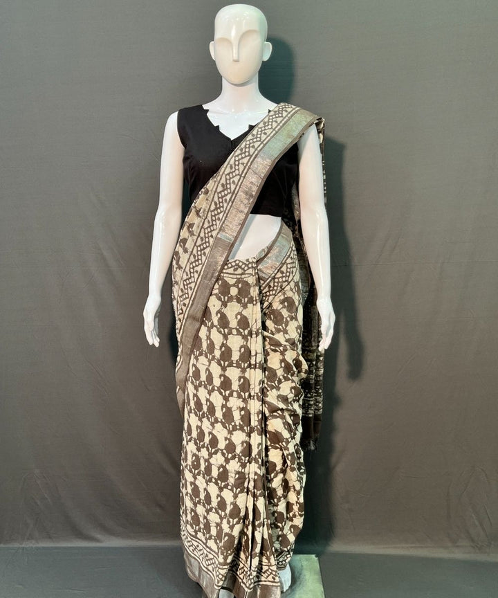 Offwhite maroon hand block printed cotton linen saree