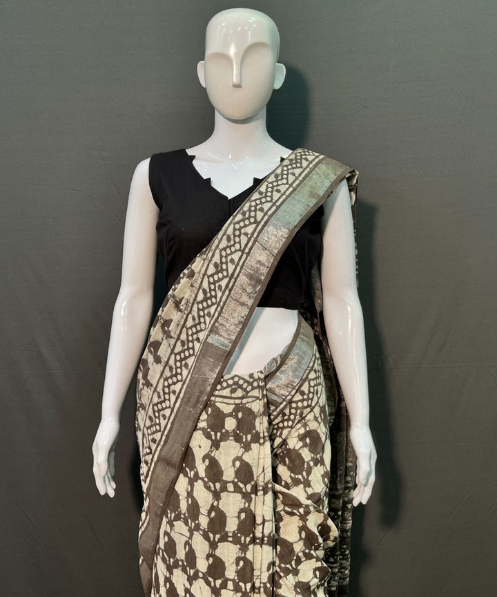 Offwhite maroon hand block printed cotton linen saree