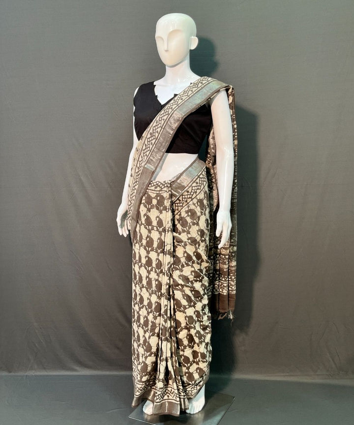 Offwhite maroon hand block printed cotton linen saree