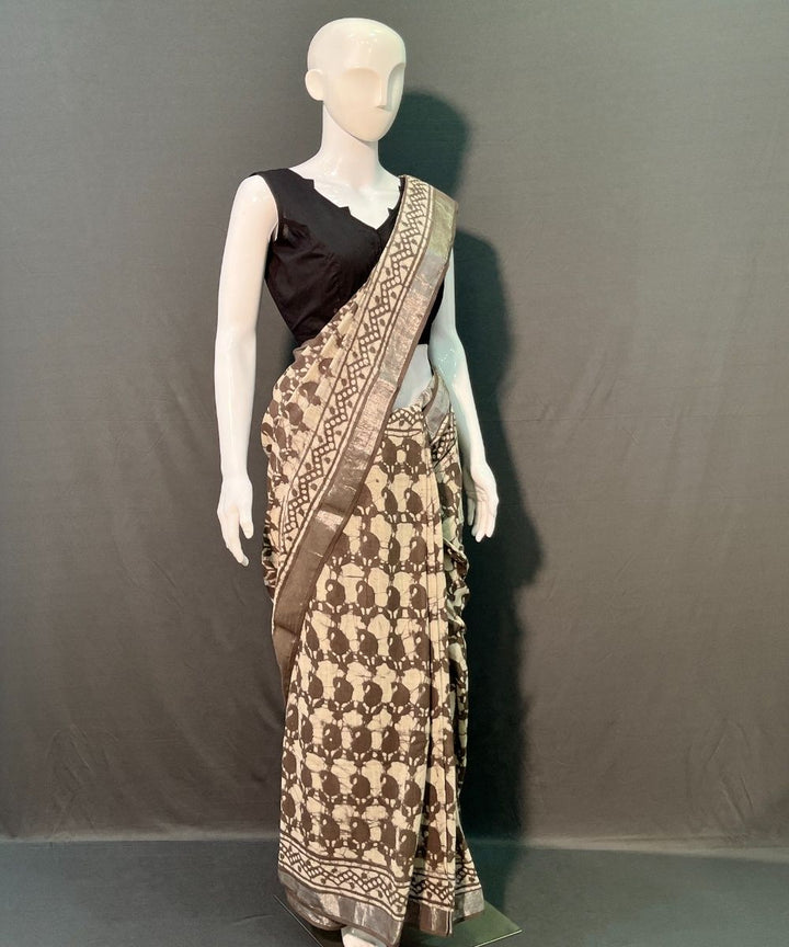 Offwhite maroon hand block printed cotton linen saree