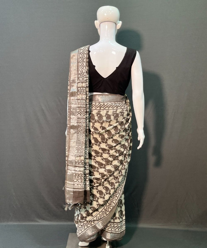Offwhite maroon hand block printed cotton linen saree