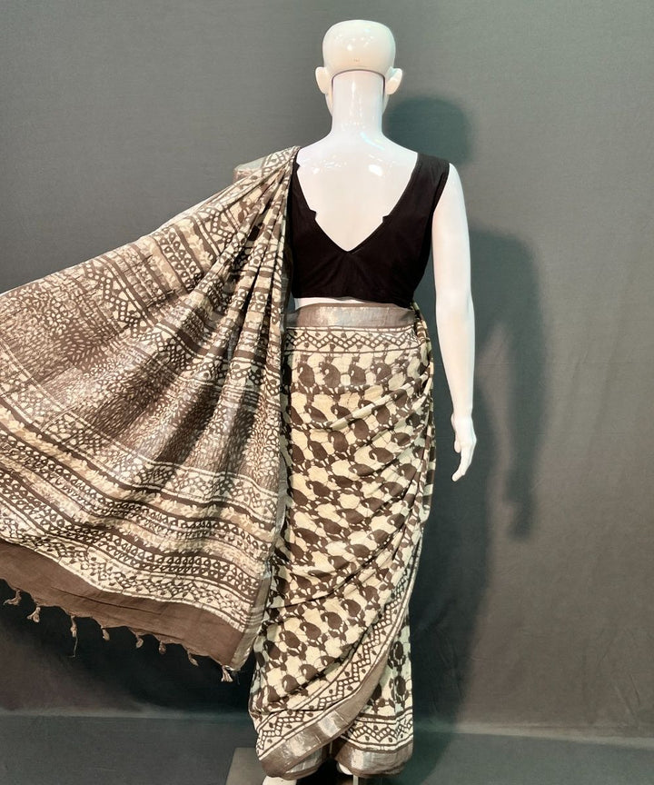 Offwhite maroon hand block printed cotton linen saree