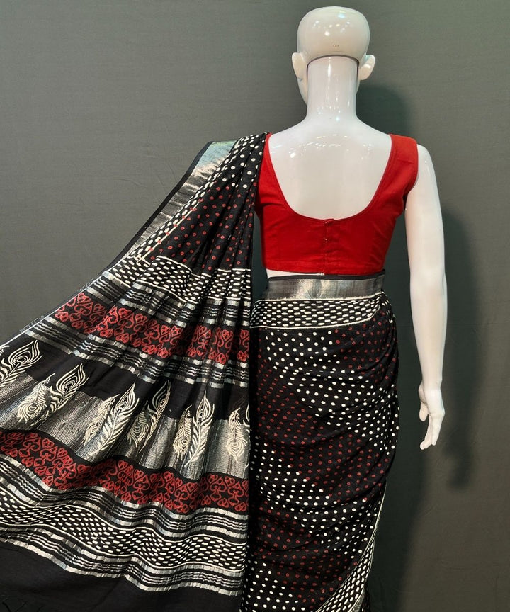 Black hand-block printed linen cotton saree
