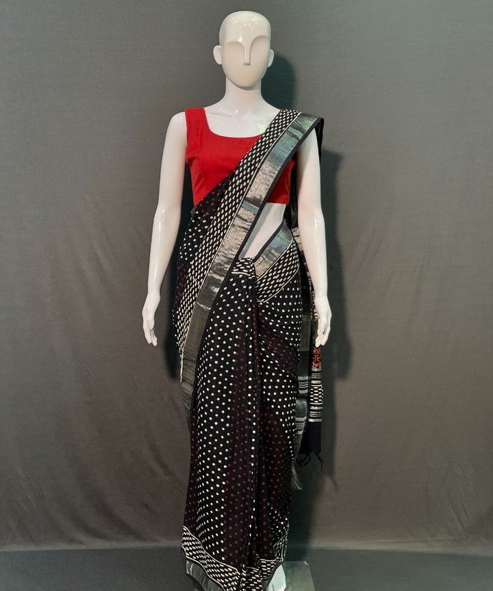 Black hand-block printed linen cotton saree