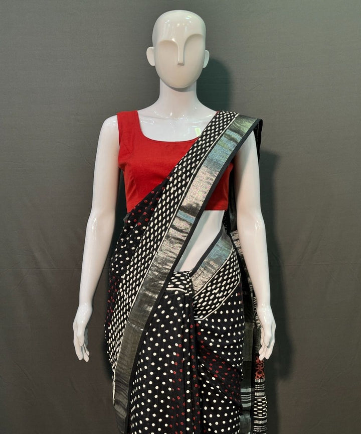 Black hand-block printed linen cotton saree