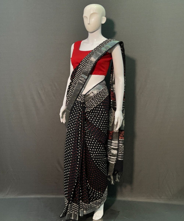 Black hand-block printed linen cotton saree