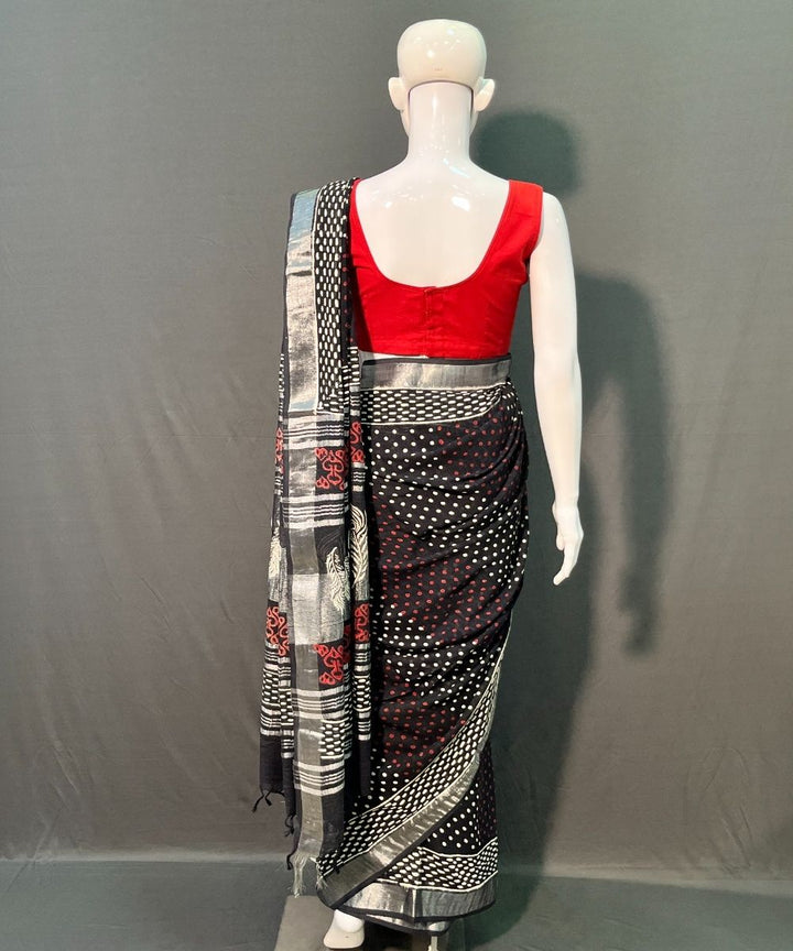 Black hand-block printed linen cotton saree