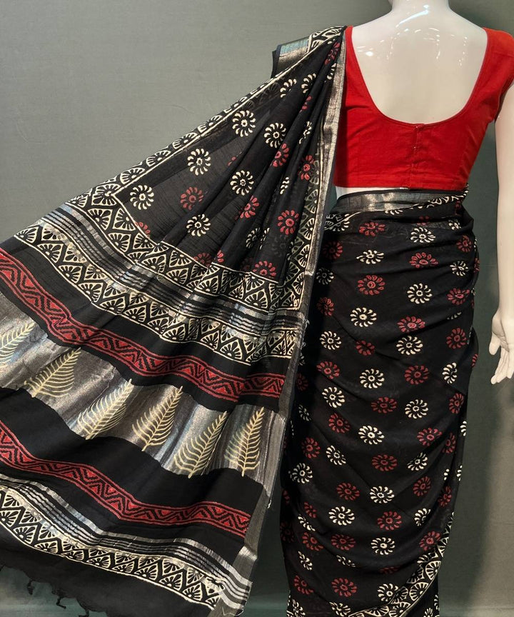 Black hand block printed cotton linen saree