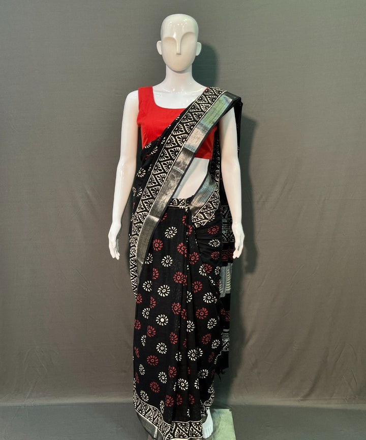 Black hand block printed cotton linen saree