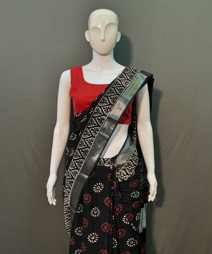 Black hand block printed cotton linen saree