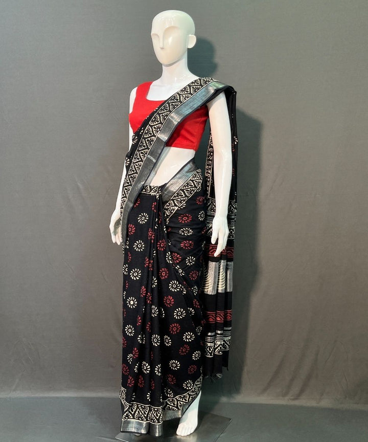 Black hand block printed cotton linen saree