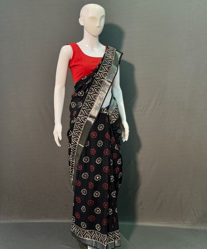 Black hand block printed cotton linen saree