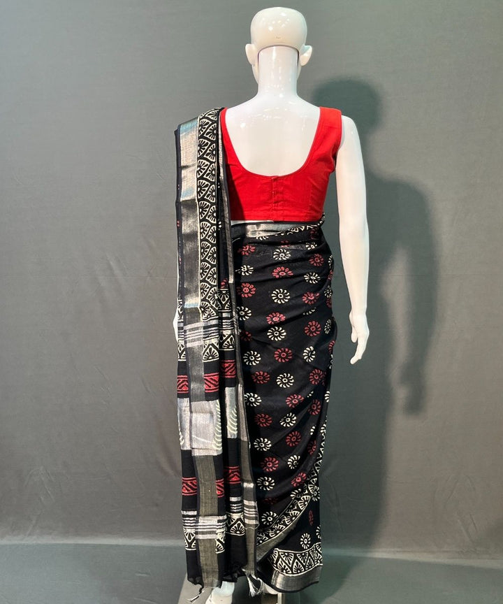 Black hand block printed cotton linen saree