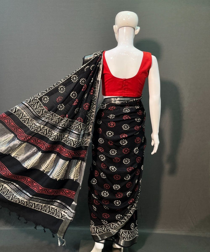 Black hand block printed cotton linen saree