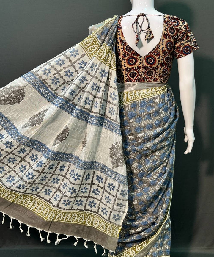 Indigo yellow hand block printed cotton linen saree